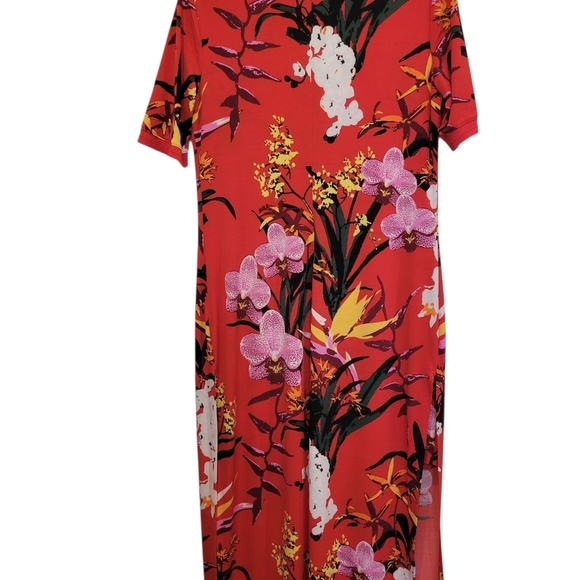 GILL Colourful Red Print Maxi Sheath Dress High Leg Slits Short Sleeves MP Size - Picture 5 of 8